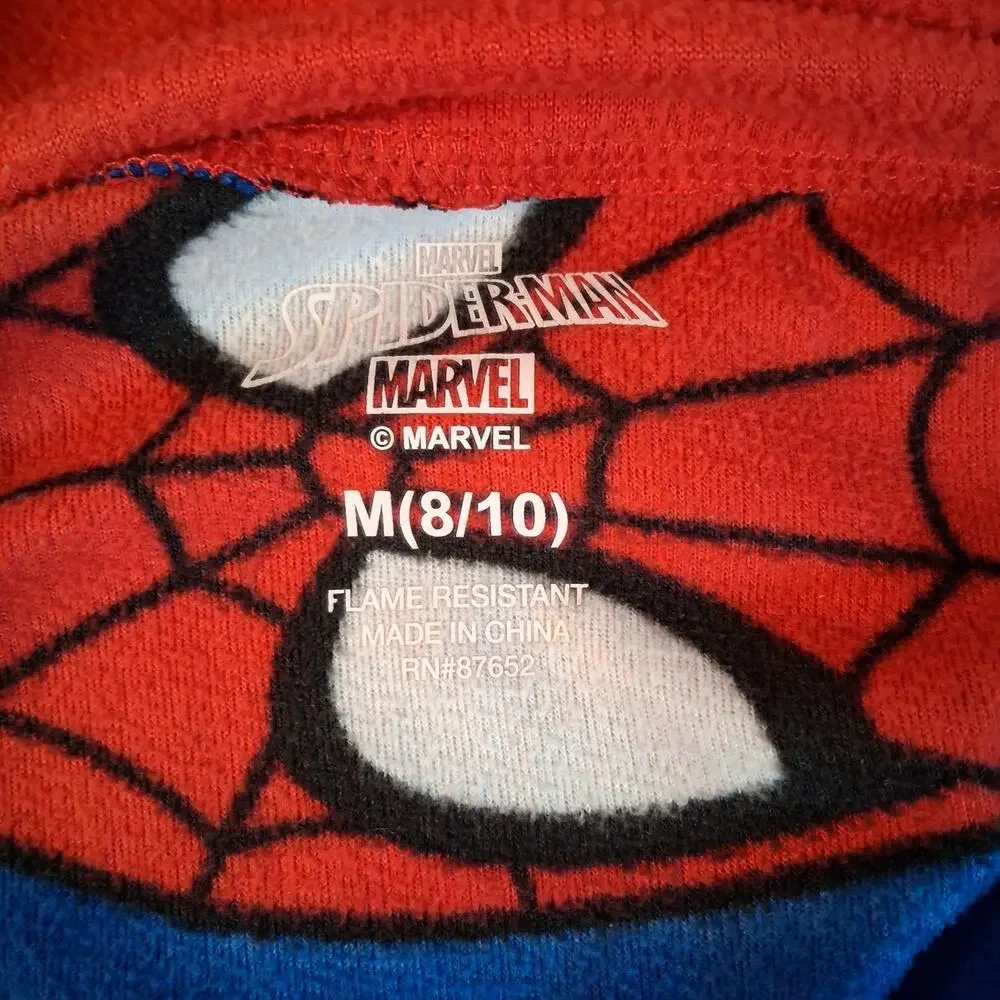 Spiderman Boys Pajamas Sz M Hooded One Piece Full Zip Sleepwear Marvel Red Blue